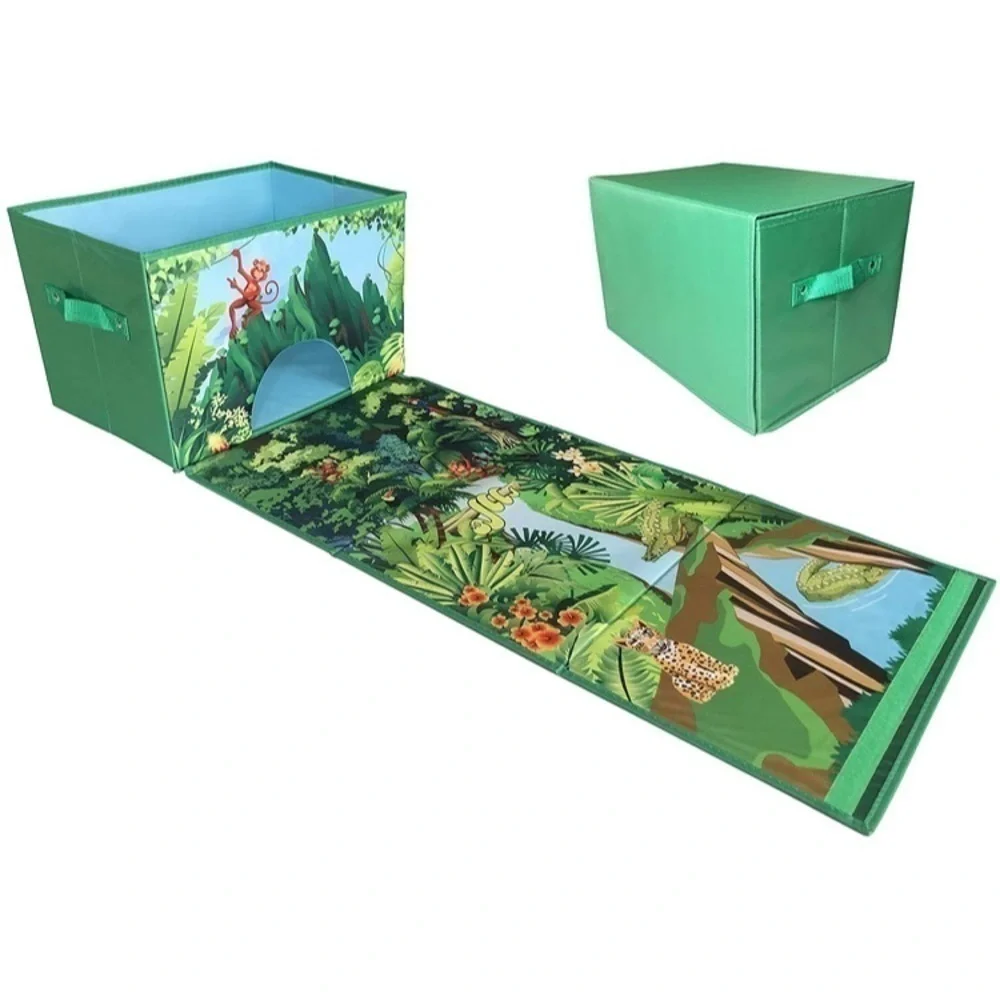 Brand New 2 in 1 Collapsible Toy Storage Box with Roll Out Play Mat Jungle Theme